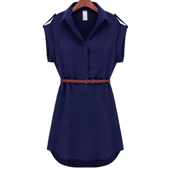 🆕 NWT short sleeve collared belted button pullover mini dress solid blue small - Picture 6 of 9